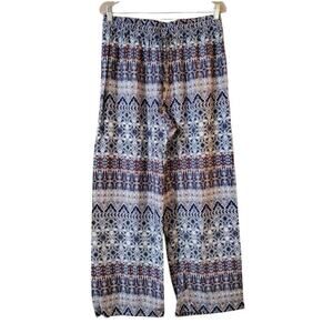 Rose & Thyme Womens Casual Pull On Pants Size L Blue Red Paisley Wide Straight
